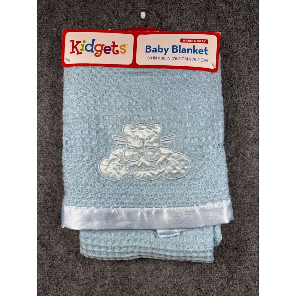 Kidgets Baby Blanket Blue Waffle Knit Heaven Sent Bear Satin Trim 30x30 NEW